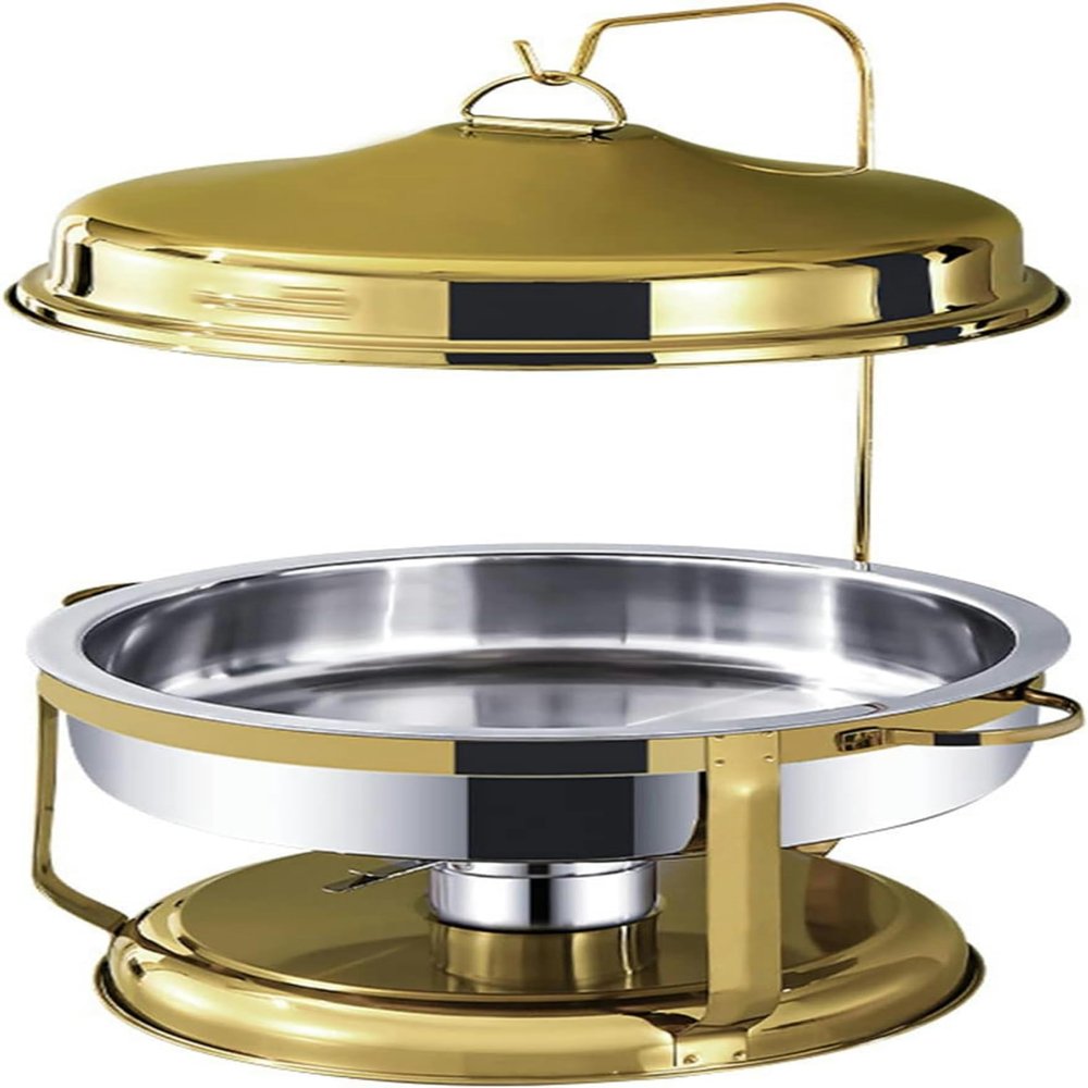 RJYYYDS 9L Round Stainless Steel Chafing Dish, Full Size Buffet rs and Food Warmers with Food Pan, Fuel Holders & Lid for Party Catering,Gold