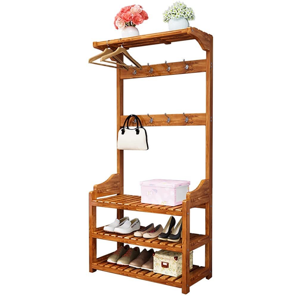Entryway Coat Rack Bench, 3-in-1 Hall Tree with Storage Benches and Hooks, Multifunction Coat Tree with 2-Tier Shoe Rack,Lots of Storage Space,170x35x70cm Vintage Brown