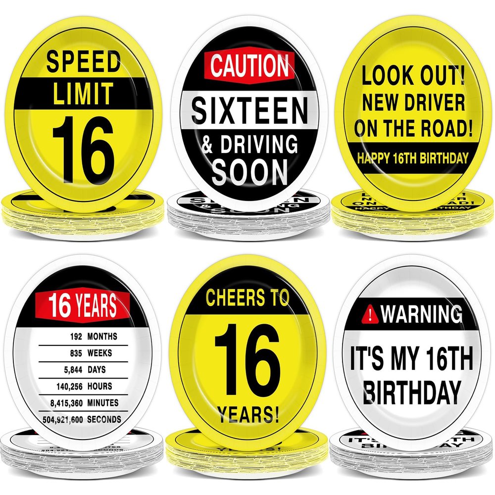 60Pcs 7 Inch 16th Birthday Paper Plates 16 Year Old Party Decorations Happy 16th Disposable Dinner Plates Warning Signs Party Tableware Cheers to 16 Years for Boys Teens Birthday Supplies