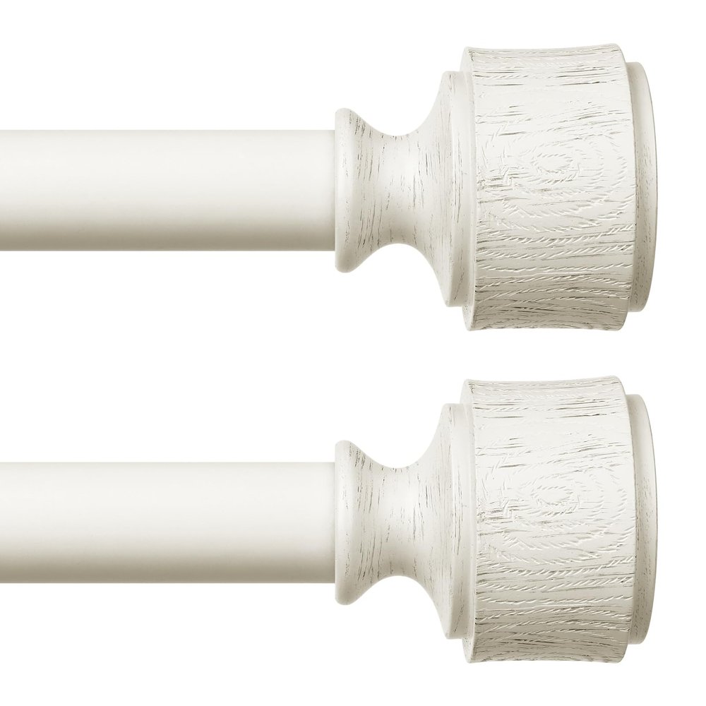2 Pack Antique White Wood Curtain Rod, Decorative Heavy Duty Curtain Rods for Windows 30 to 56 Inch, Adjustable Rustic Farmhouse 1'' Metal Drapery Pole with Modern Faux Wood Grain Finials