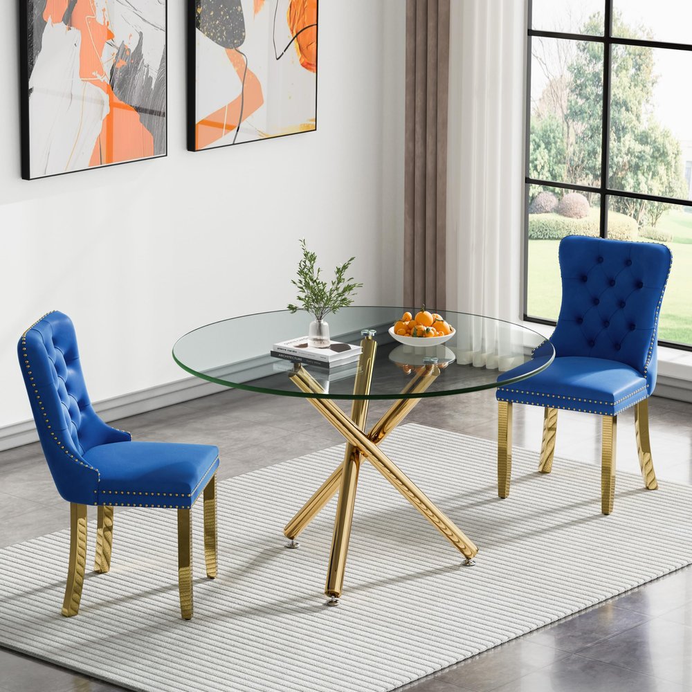 43'' Modern Round Dining Table Set with 2 Chairs, Modern Gold Glass Dining Room Table Set for 2, Glass Round Kitchen Table and Chair Set for 2, 3-Piece Dinner Furniture Set for Apartment