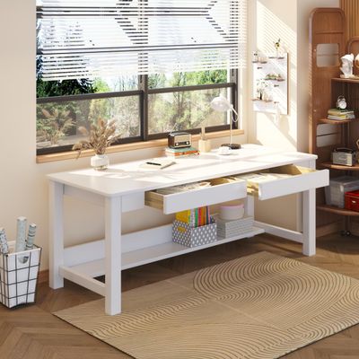 63 Extra Long Desk, Wooden Computer Desk with 2 Drawers and Storage Bookshelf (White)