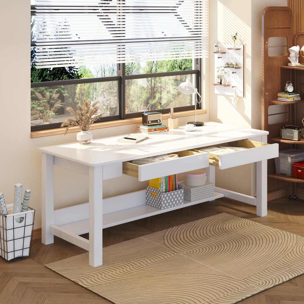 63 Extra Long Desk, Wooden Computer Desk with 2 Drawers and Storage Bookshelf (White)