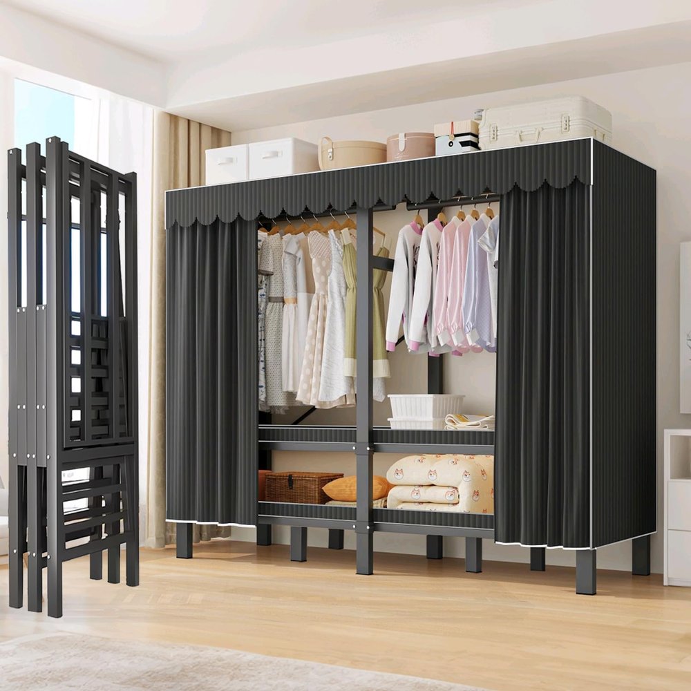 66.1in Foldable Portable Wardrobe Closet, Heavy Duty Garment Rack with Cover, Freestanding Covered Metal Clothes Rack, Armoire Portable Wardrobe Closets For Hanging Clothes (black, 66.1in/168cm)