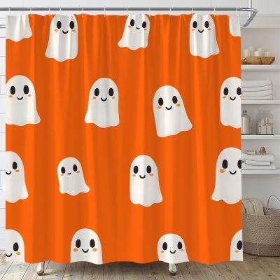 ABONAN Orange Ghost Shower Curtain Cute Spooky Halloween Horror Cartoon Kids Fabric Bathroom Curtain Decor Bath Set with Hooks(67" Wx70 H)
