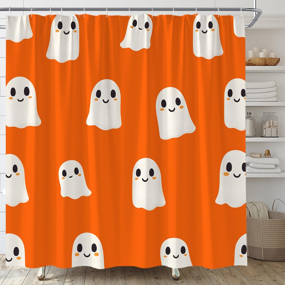ABONAN Orange Ghost Shower Curtain Cute Spooky Halloween Horror Cartoon Kids Fabric Bathroom Curtain Decor Bath Set with Hooks(67" Wx70 H)