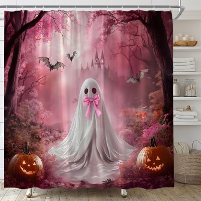 ABONAN Pink Halloween Shower Curtain Pink Ghost Cute Bow Tie Horror Castle Pumpkin Bat Spooky Kids Haunted House Fabric Bathroom Decor Set with Hooks(47" WX70 H)