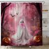 ABONAN Pink Halloween Shower Curtain Pink Ghost Cute Bow Tie Horror Castle Pumpkin Bat Spooky Kids Haunted House Fabric Bathroom Decor Set with Hooks(47" WX70 H) view 1