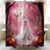 ABONAN Pink Halloween Shower Curtain Pink Ghost Cute Bow Tie Horror Castle Pumpkin Bat Spooky Kids Haunted House Fabric Bathroom Decor Set with Hooks(47" WX70 H) view 3