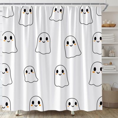 ABONAN White Ghost Shower Curtain Cute Spooky Halloween Horror Cartoon Kids Fabric Bathroom Curtain Decor Bath Set with Hooks(47" WX70 H)