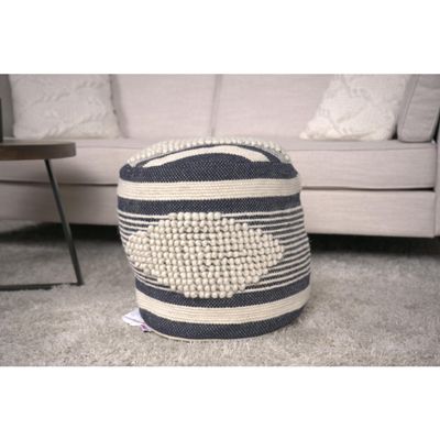 Diamond Handcrafted Fabric Cylindrical Pouf, Beige and Dark Grey
