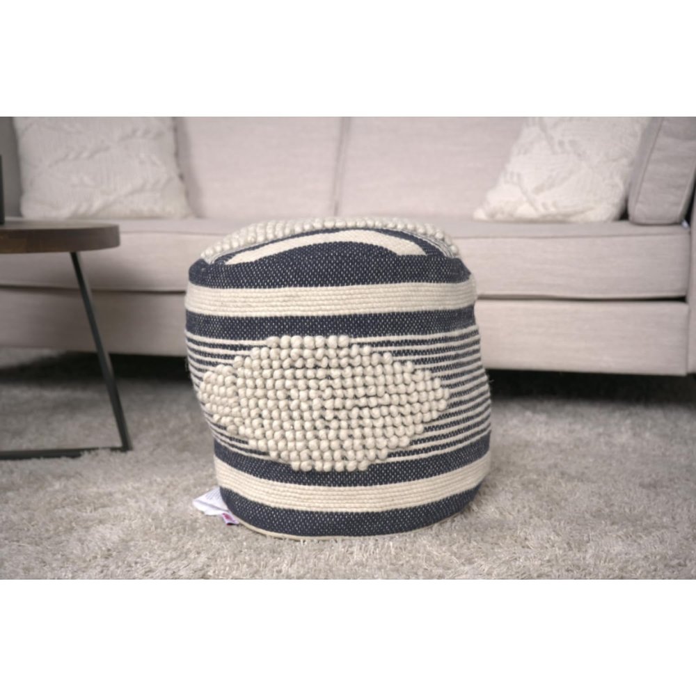 Diamond Handcrafted Fabric Cylindrical Pouf, Beige and Dark Grey