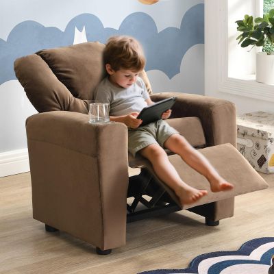 Anwick 2-in-1 Kids Recliner Chair with Cup Holder, Velvet Upholstered Single Sofa with Adjustable Footrest & Backrest, Toddler Recliners for Boys and Girls (Brown)