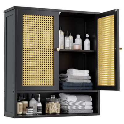 vovala Bathroom Wall Cabinet, Bamboo Over-The-Toilet Storage Organizer with 2 Rattan Doors and Adjustable Shelf, Space Saver Medicine Cabinet for Laundry, Kitchen, Living Room (Black)