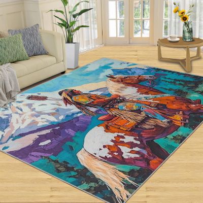 Horse Rugs for Bedroom - 8x10 Rug - Cartoon 3D Horse Rugs for Living Room, Indian Hunter Area Rug, Non Skid Washable Carpet - Front Door Home Decor Carpet