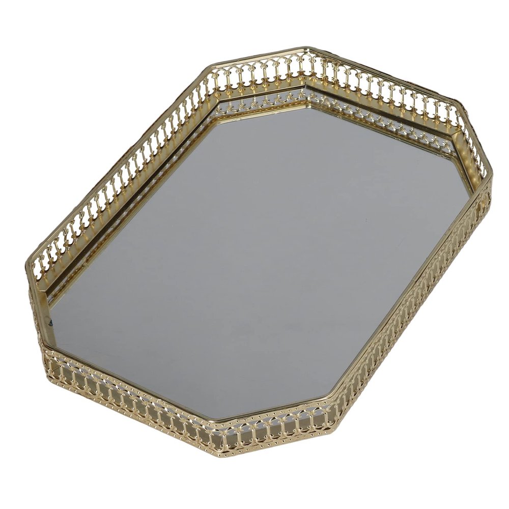 Mirror Tray Tea, Style Iron Large Decorative Geometric Table Trays Dinner Serving Shape Side Makeup for Bathroom Home Plate Fruit Retro Gold