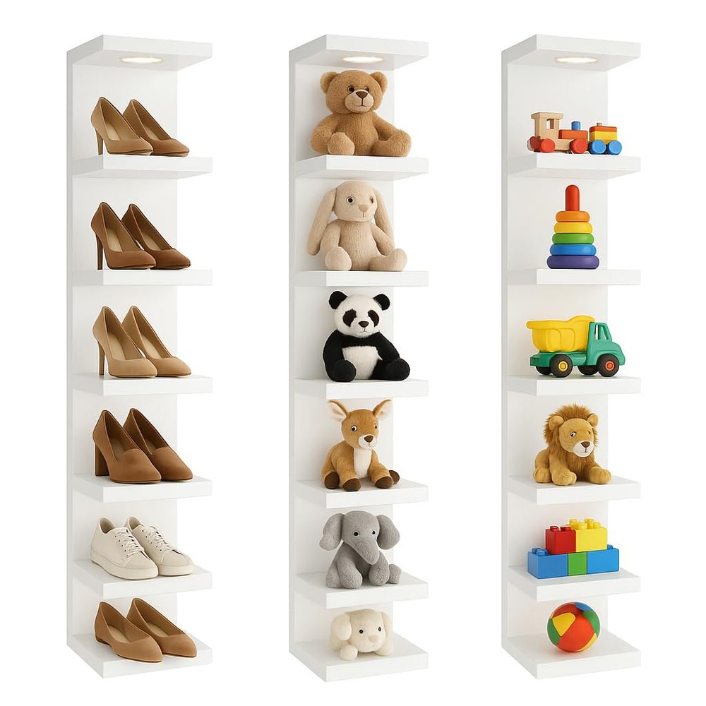 7-Tier Wall Mounted Shelf Unit  Vertical Display Storage Rack for Living Room, Bathroom, Bedroom, Kitchen  Space Saving Organizer, Modern Bookshelf (Set of 3, White)