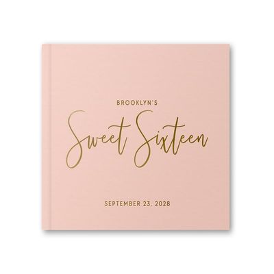 Birthday Guest Book for Sweet Sixteen Party, Personalized Guestbook Album for Sweet 16 Birthday Event - Blush Pink Gold (12x12)