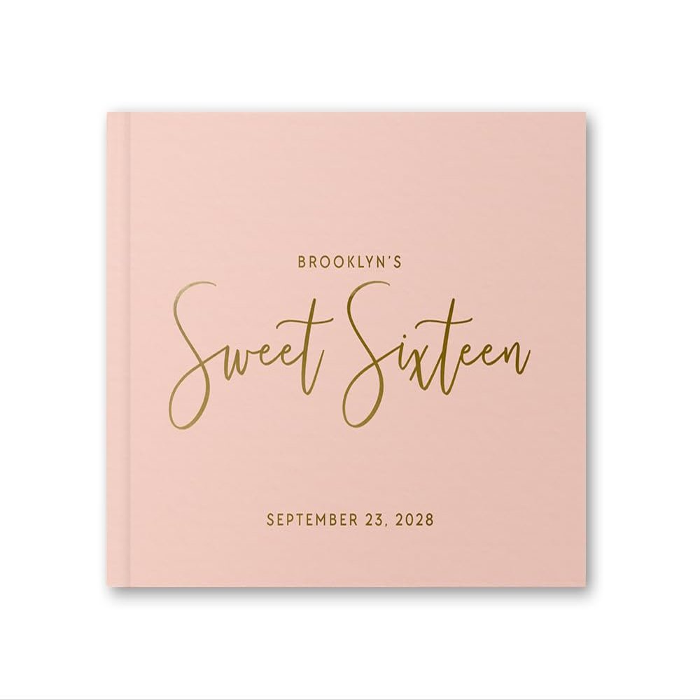 Birthday Guest Book for Sweet Sixteen Party, Personalized Guestbook Album for Sweet 16 Birthday Event - Blush Pink Gold (12x12)