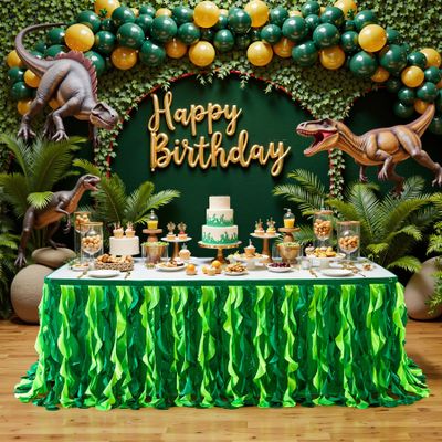 17Ft Gradient Green Sequin Table Skirt for Rectangle or Round Tables,Ruffled Hawaiian Grass Table Skirts for Party,Curly Willow Tutu Table Cloth for Jungle Luau Tropical Theme Baby Show,Birthday