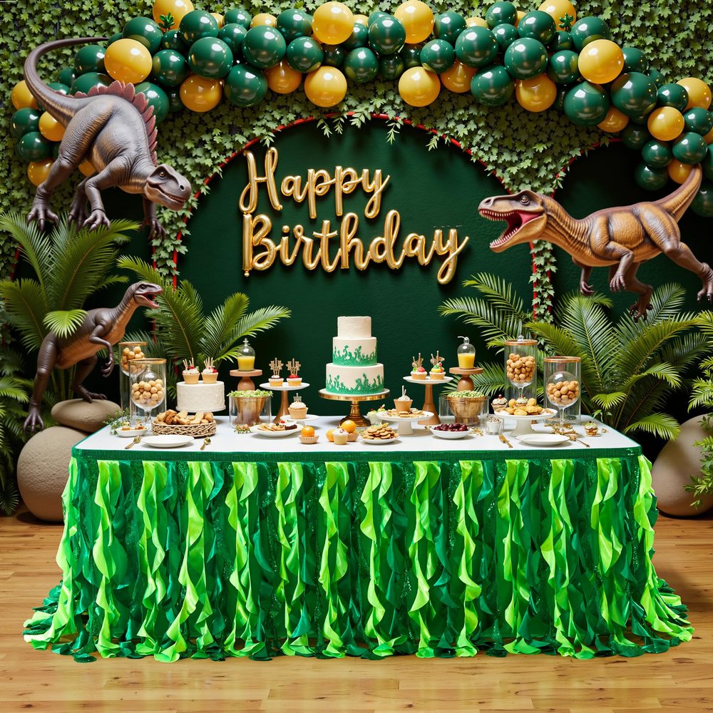 17Ft Gradient Green Sequin Table Skirt for Rectangle or Round Tables,Ruffled Hawaiian Grass Table Skirts for Party,Curly Willow Tutu Table Cloth for Jungle Luau Tropical Theme Baby Show,Birthday