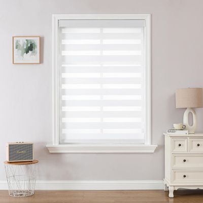 Joydeco Cordless Zebra Blinds (Pro), Dual Layer Light Control Zebra Blinds for Windows, Light-Proof Aluminum Cover, Free-Stop Roller Shades for Home & Office (White, 53" W x 75" H)