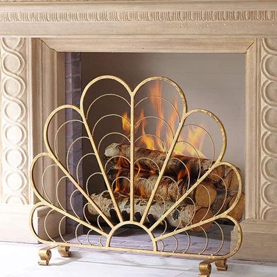 Fireplace Screen Guard,Protection Premium Single Panel Fireplace Screen Gold - Solid Wrought Iron Frame with Metal Mesh, Free StandingGuard