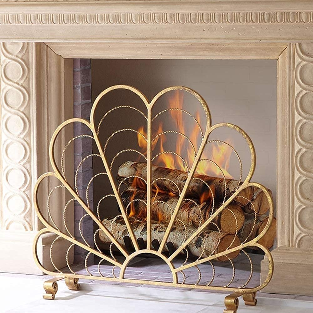 Fireplace Screen Guard,Protection Premium Single Panel Fireplace Screen Gold - Solid Wrought Iron Frame with Metal Mesh, Free StandingGuard