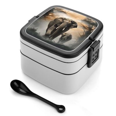 VTCTOASY Bento Box Double Layer Lunch Box with Spoon And Handle Leak-Proof All-in-One Bento Boxes for Adults Elephant in The Fog Lunch Containers Stackable Lunchbox for Dining Out Travel