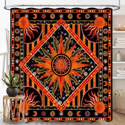 Mandala Shower Curtain, Hippie Indian Sun Moon Witchy Medallion Trippy Boho Bohemian Paisley Floral Aestheticl Orange Waterproof Fabric Bathroom Shower Curtain Set with Hooks, 72"x84" Inch