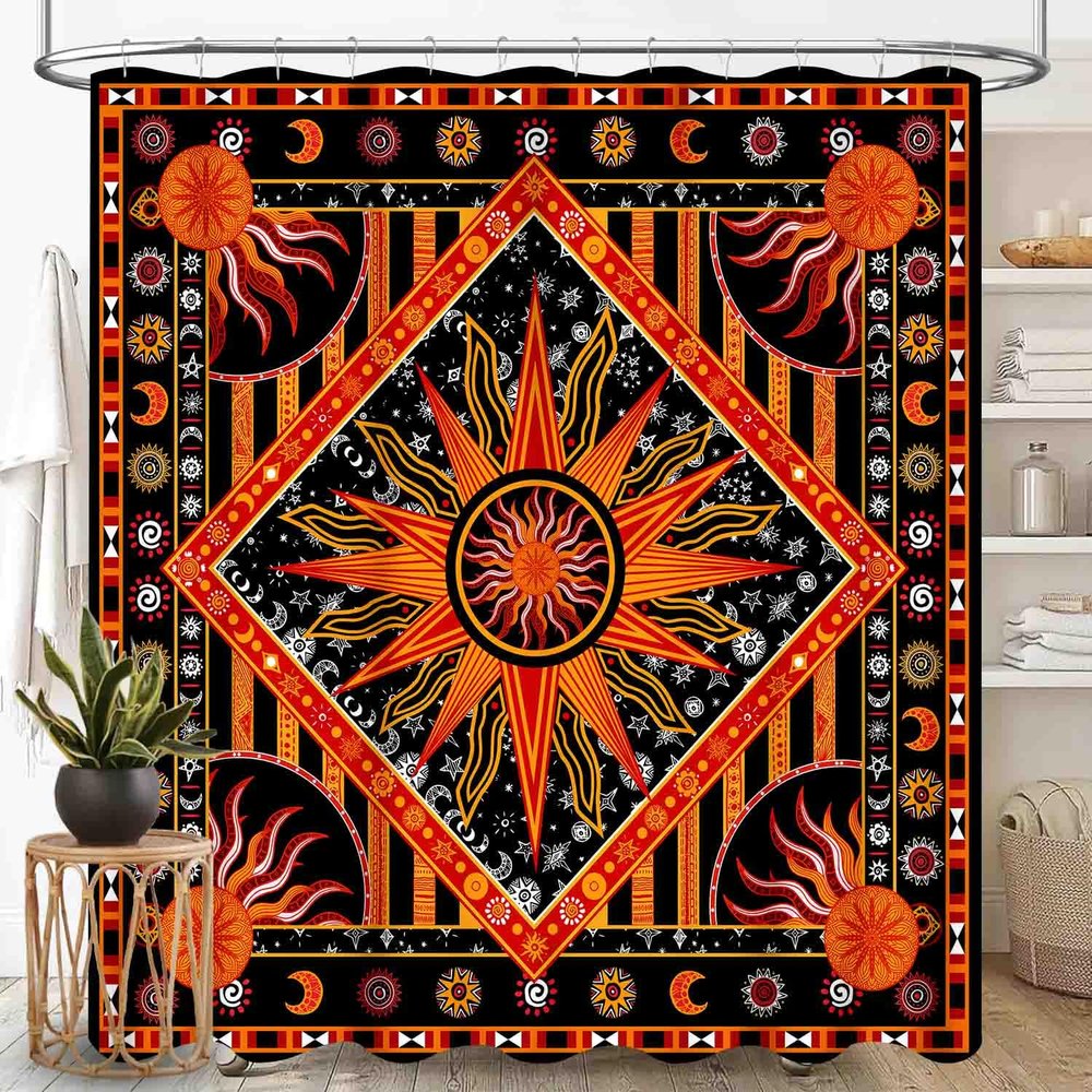 Mandala Shower Curtain, Hippie Indian Sun Moon Witchy Medallion Trippy Boho Bohemian Paisley Floral Aestheticl Orange Waterproof Fabric Bathroom Shower Curtain Set with Hooks, 72"x84" Inch