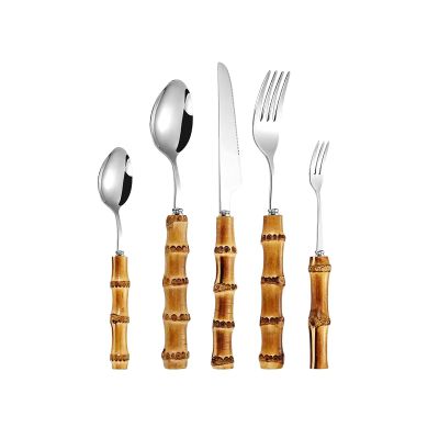 bamboo silverware set for 8,18/8 stainless steel flatware sets cutlery set for dinning,bamboo forks and spoons set (Silver, 40pcs (service for 8))