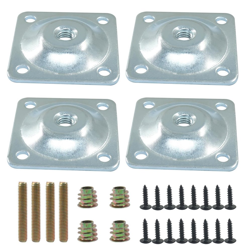 Murtenze 4 Pack Leg Mounting Plates, 5/16"(M8) Mounting T-Plates with Hanger Bolts, Screws Strengthen Furniture Repair for Sofa/Couch/Seat(Silver)