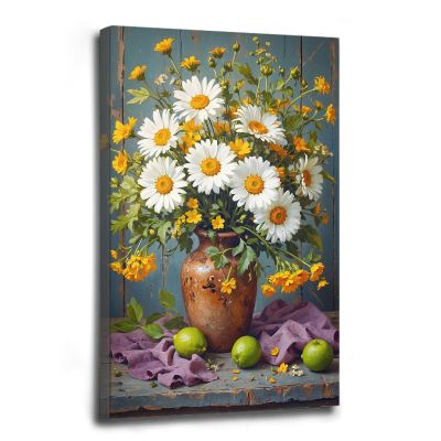 Vintage still life oil painting on canvas white daisies yellow wildflowers rustic ceramic vase weathered wooden background crumpled purple fabric scattered petals lighting texture wall art decoration