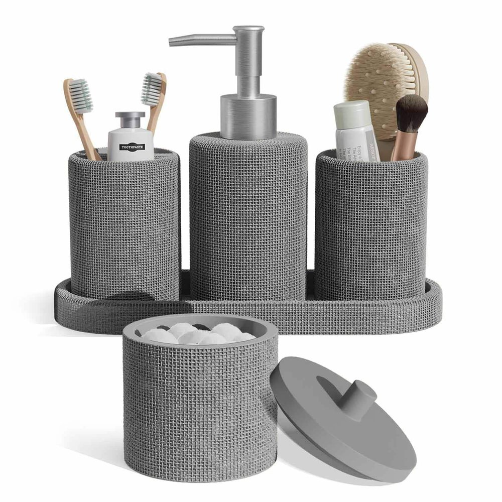 Clara Clark Bathroom Set - Grey Bathroom Accessories Set, 5PC Bathroom Accessory Set, Bathroom Sets with Soap Dispenser, Toothbrush Holder, Tumbler, Cotton Swab Jar & Vanity Tray