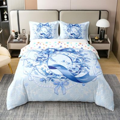 Erosebridal 100% Cotton Blue Floral Bow Comforter Cover Twin Size Initial Flower Coquette Bow Duvet Cover Teen Girl Blue Bowknot Monogram Q Bed Set Preppy Bows Initial Birthday Gifts for Princess(Q)