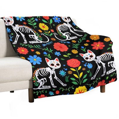 Soft Couch Throw Blanket, Day of The Dead Black Cat Rose Sugar Skull Skeleton Cozy Air Conditioning Blanket for Men and Women