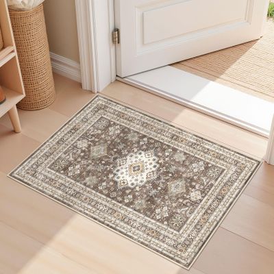 Vintage Living Room Area Rug 2x3 - Large Soft Washable Oriental Traditional Distressed Farmhouse Rugs for Bedroom - Indoor Floor Accent Carpet for Home Office House Decor - Dark Brown