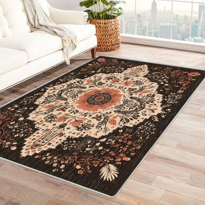 QFKJDML Vintage Living Room Area Rug Washable Boho Neutral Farmhouse - Office Indoor Floor Carpet -for Bedroom Nursery boy Playroom Dining Room Home House Decor(Black)-4x5ft