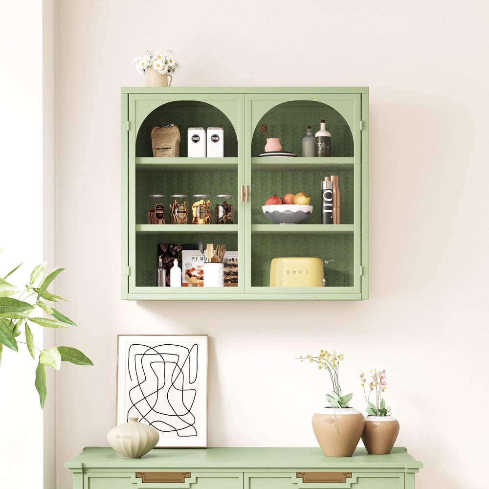 AnoYishev 27.56" Glass Cabinet with 2 Doors, Wall Mounted Cabinet with Detachable Shelves, Modern Wall Storage Cabinet for Entryway Living Room Bathroom Dining Room (Arched Door, Mint Green)