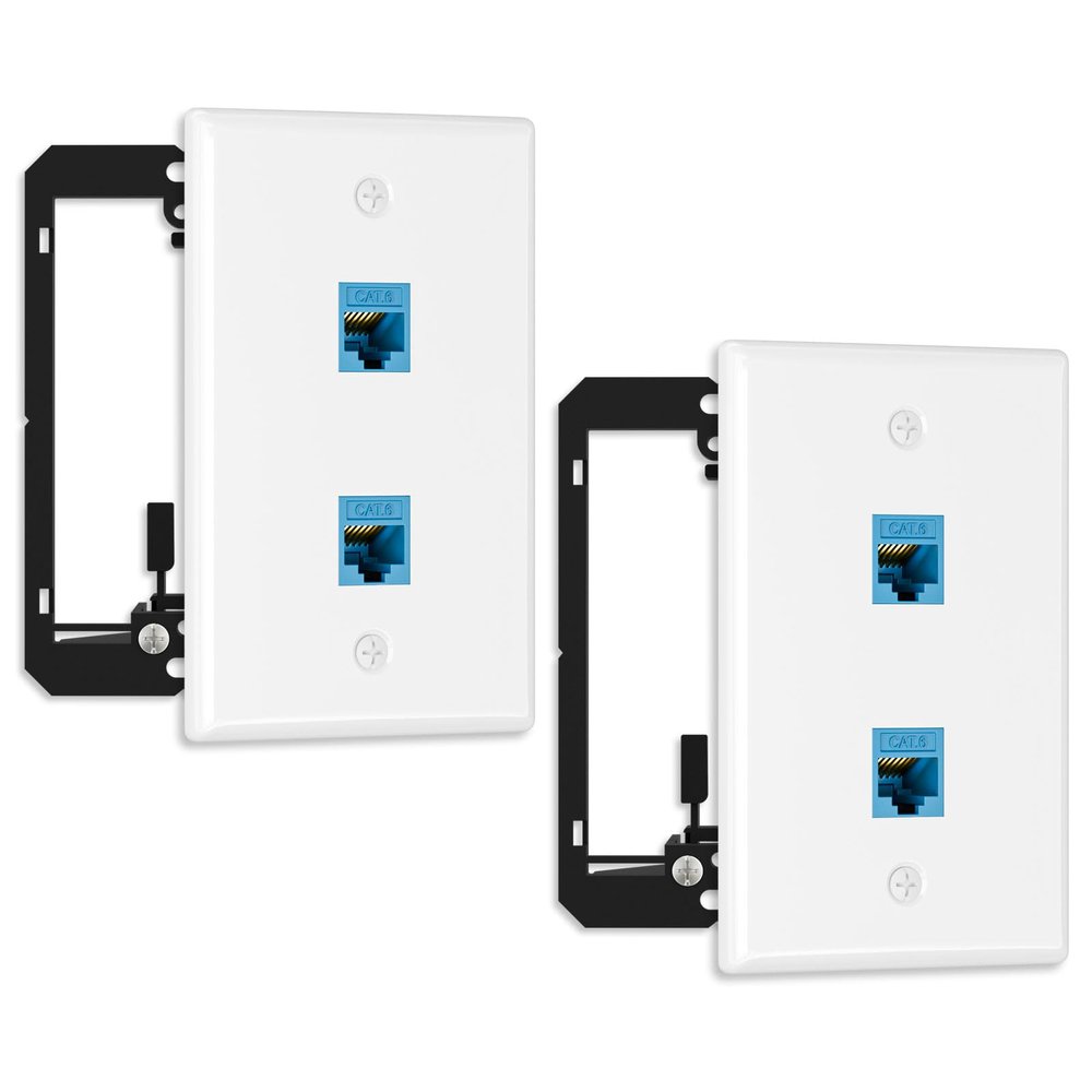 FGB 10Gbps Ethernet Wall Plate, 2 Port CAT6 Wall Plate and Jack, RJ45 Ethernet Wall Outlet with Single Gang Low Voltage Mounting Bracket, 2 Pack