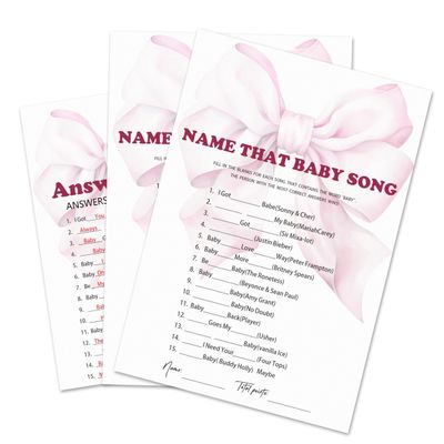 30 Pcs Name That Baby Song Game Cards & 1 Answer Card - Pink Bow Theme Double Sided Baby Shower Games For Girls - Gender Reveal, Announcement Party Decorations & Activities - B01