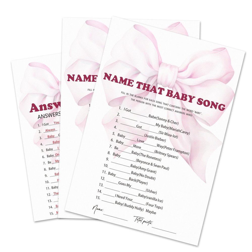 30 Pcs Name That Baby Song Game Cards & 1 Answer Card - Pink Bow Theme Double Sided Baby Shower Games For Girls - Gender Reveal, Announcement Party Decorations & Activities - B01