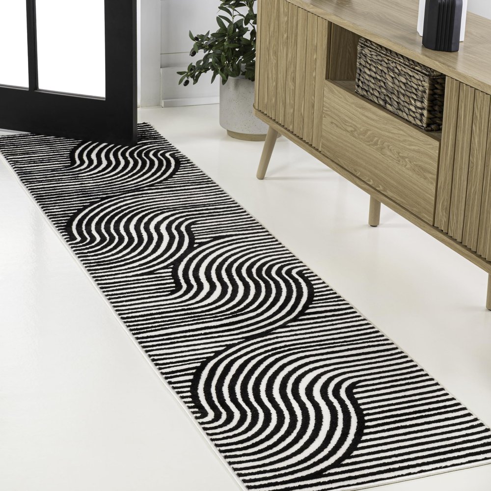 JONATHAN Y Hallie High-Low Curve Black/White 2x8 Indoor Runner Rug, Minimalist Geometric, Modern, Non-Shedding, Stain Resistant for Bedroom, Living Room, Kitchen (SCN100F-28)