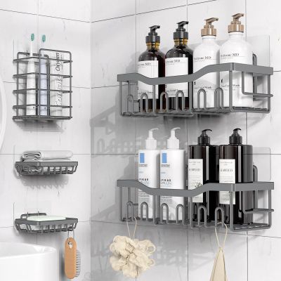 CACXKEP Shower Organizer Set Adhesive Shower Caddy, 2 Shelves + 2 Soap Holders + Toothbrush Rack, Bathroom Wall Storage for Inside Shower, RV, Apartments, No Drill Required,Gray