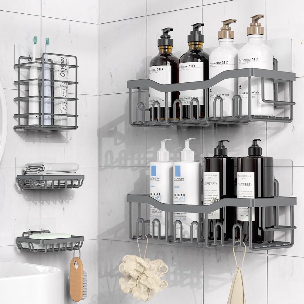 CACXKEP Shower Organizer Set Adhesive Shower Caddy, 2 Shelves + 2 Soap Holders + Toothbrush Rack, Bathroom Wall Storage for Inside Shower, RV, Apartments, No Drill Required,Gray