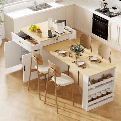 Ball & Cast 83" Kitchen Island with Extendable Dining Table,2-Tone Kitchen Table W/Double-Sized Storage,Power Outlet,Kitchen Islands W/ 2 Storage Drawers & 2 Side Open Shelves,for 4-6 Person,White