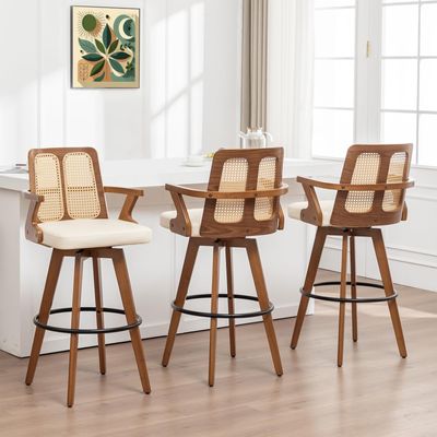 Counter Height Bar Stools Set of 3 - 26 inch Kitchen Island Stools with Rattan Back, Curved Arms, Walnut Craftsmanship,Faux Leather, Swivel CounterStools for Kitchen/Island (27" Seat Height, Beige)