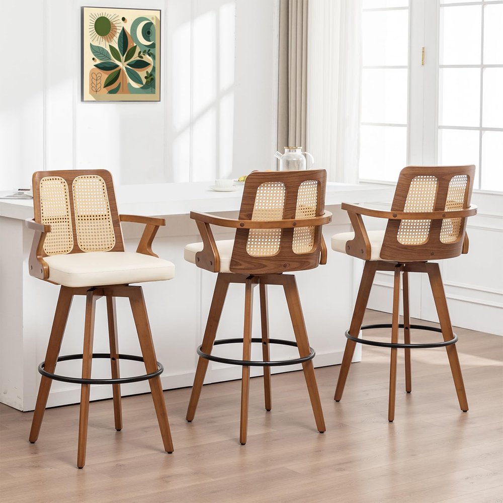 Counter Height Bar Stools Set of 3 - 26 inch Kitchen Island Stools with Rattan Back, Curved Arms, Walnut Craftsmanship,Faux Leather, Swivel CounterStools for Kitchen/Island (27" Seat Height, Beige)