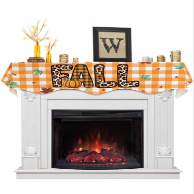 Fall Pumpkin Mantel Scarf for Fireplace Maple Leaves Thanksgiving Mantel Cover Rustic Orange Plaid Fireplace Top Scarf Runner for Holiday Living Room Home Decoration 60 x 17 Inches
